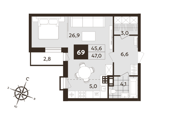 Квартира-студия, 45.6 м² в ЖК "Дом на Бронницкой" - планировка, фото №1