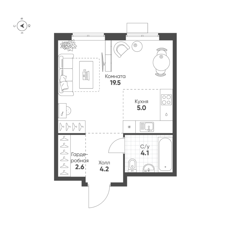 Квартира-студия, 35.4 м² - планировка, фото №1
