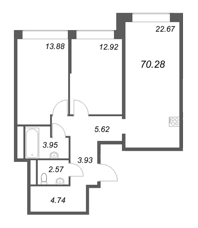 3-комнатная (Евро) квартира, 70.28 м² в ЖК "Avant" - планировка, фото №1