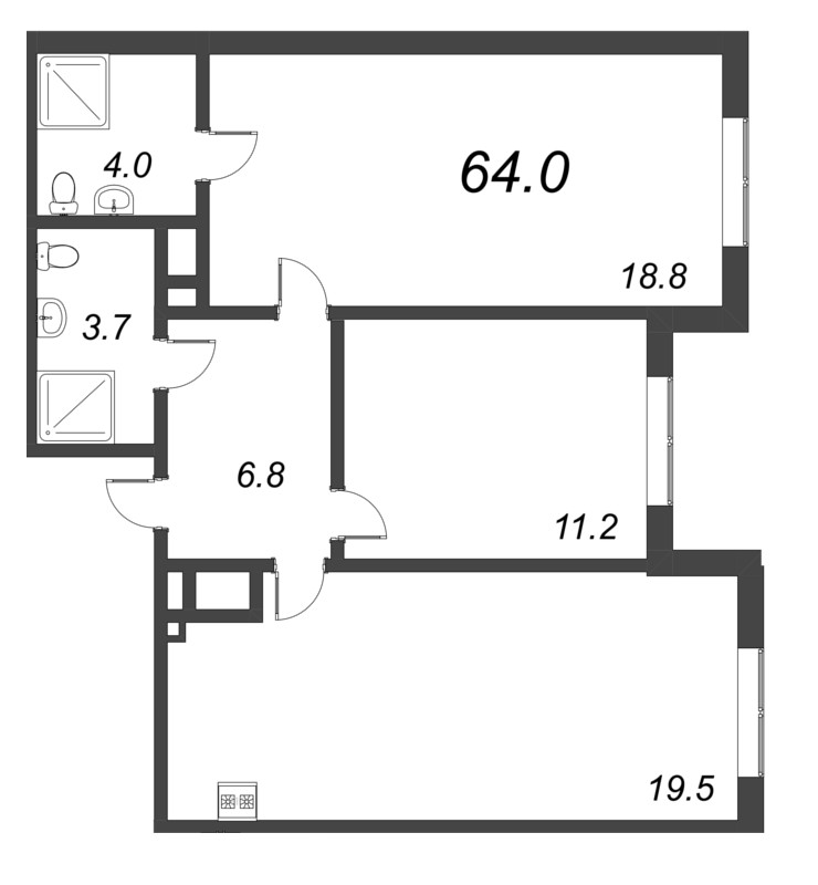3-комнатная (Евро) квартира, 64 м² в ЖК "Парусная 1" - планировка, фото №1