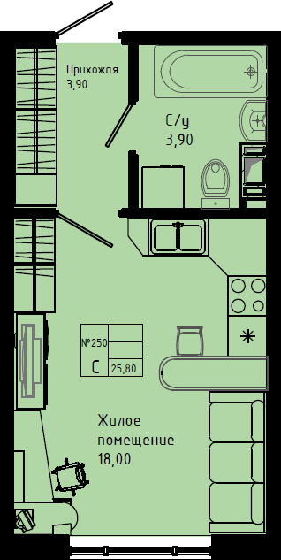 Квартира-студия, 25.8 м² в ЖК "Pixel" - планировка, фото №1