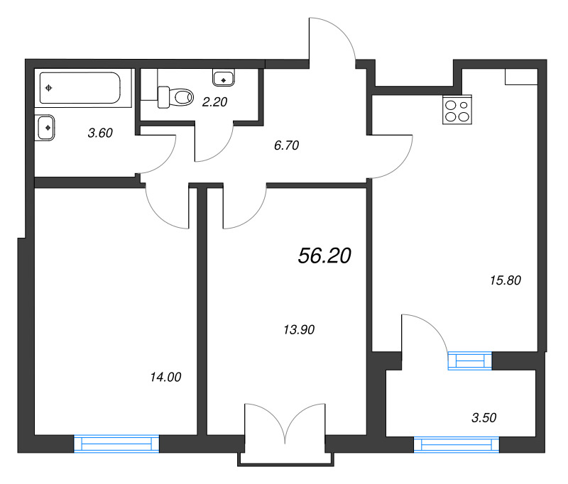 3-комнатная (Евро) квартира, 56.2 м² - планировка, фото №1