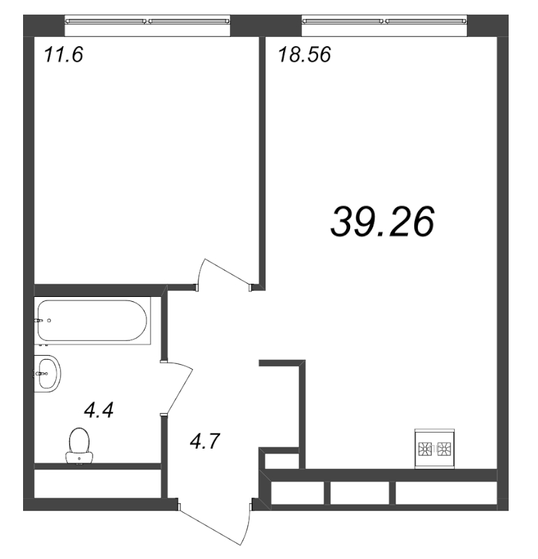 2-комнатная (Евро) квартира, 39.26 м² в ЖК "GloraX Premium Василеостровский" - планировка, фото №1