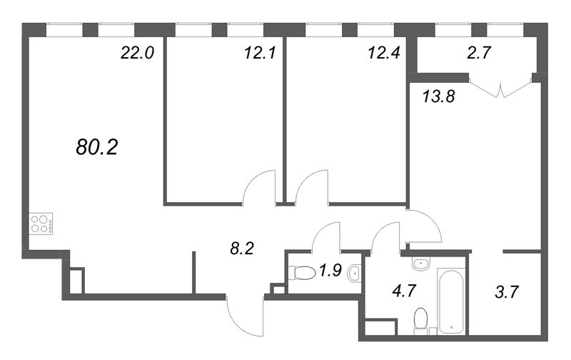 4-комнатная (Евро) квартира, 80.2 м² в ЖК "Кронунг ЮГ" - планировка, фото №1