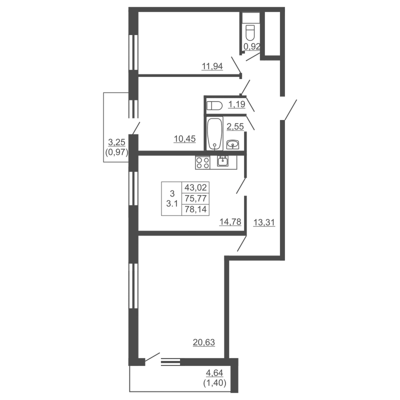 3-комнатная квартира, 78.14 м² в ЖК "Тандем" - планировка, фото №1