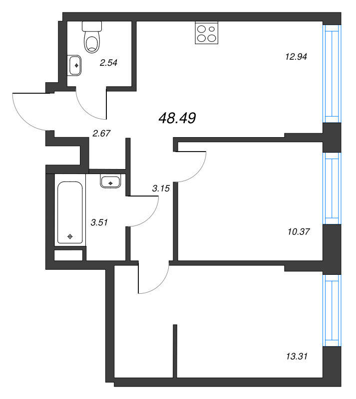 2-комнатная квартира, 48.49 м² - планировка, фото №1