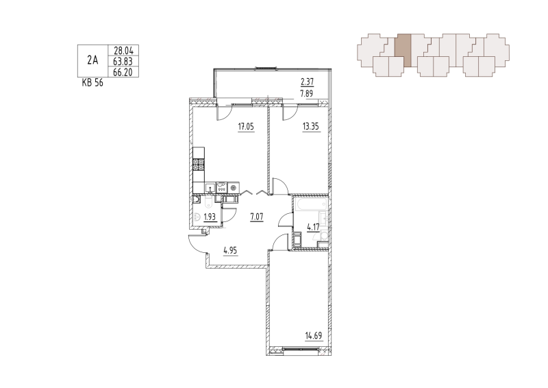 3-комнатная (Евро) квартира, 67.7 м² в ЖК "Loft у озера" - планировка, фото №1