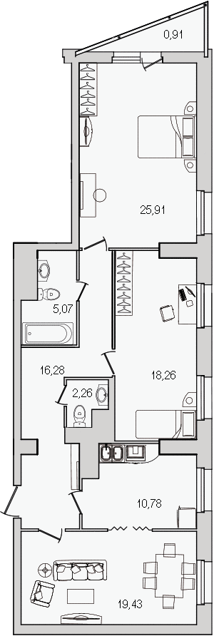 3-комнатная квартира, 94.6 м² - планировка, фото №1