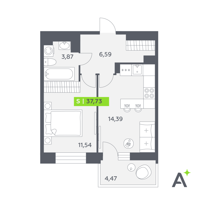 1-комнатная квартира, 37.73 м² в ЖК "Аквилон РекаПарк" - планировка, фото №1