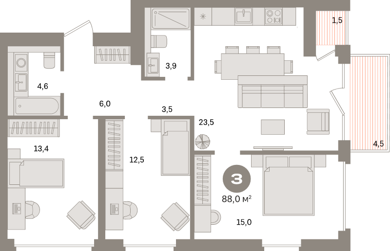 4-комнатная (Евро) квартира, 88 м² в ЖК "Северный ветер" - планировка, фото №1