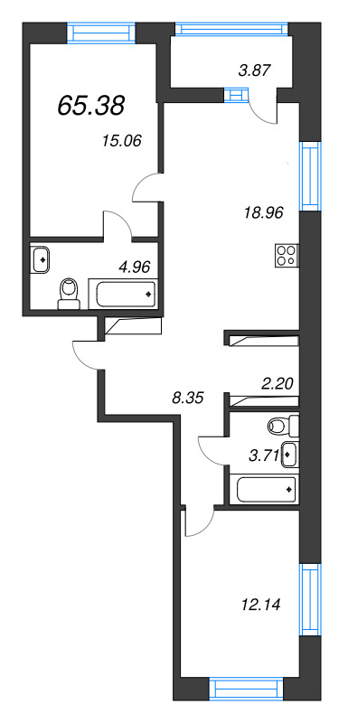3-комнатная (Евро) квартира, 65.38 м² в ЖК "Ultra City 3.0" - планировка, фото №1