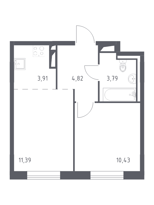 2-комнатная (Евро) квартира, 34.34 м² в ЖК "Квартал Лаголово" - планировка, фото №1