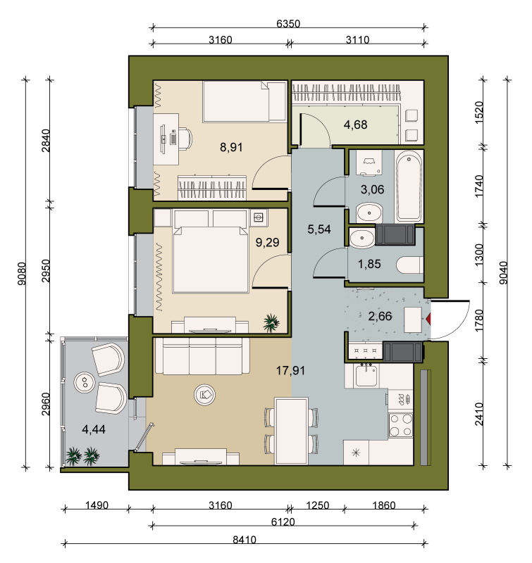 2-комнатная квартира, 55.51 м² - планировка, фото №1