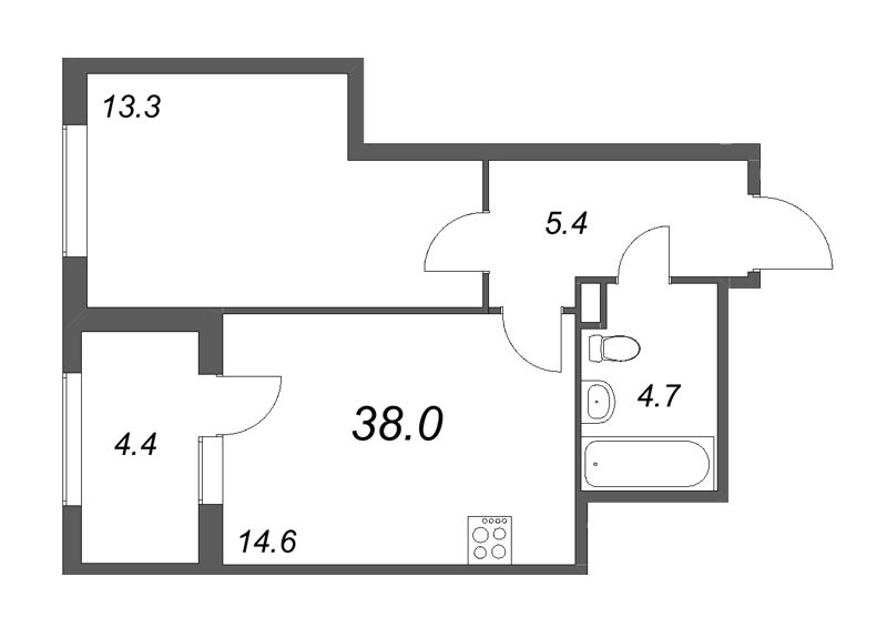 1-комнатная квартира, 38 м² - планировка, фото №1