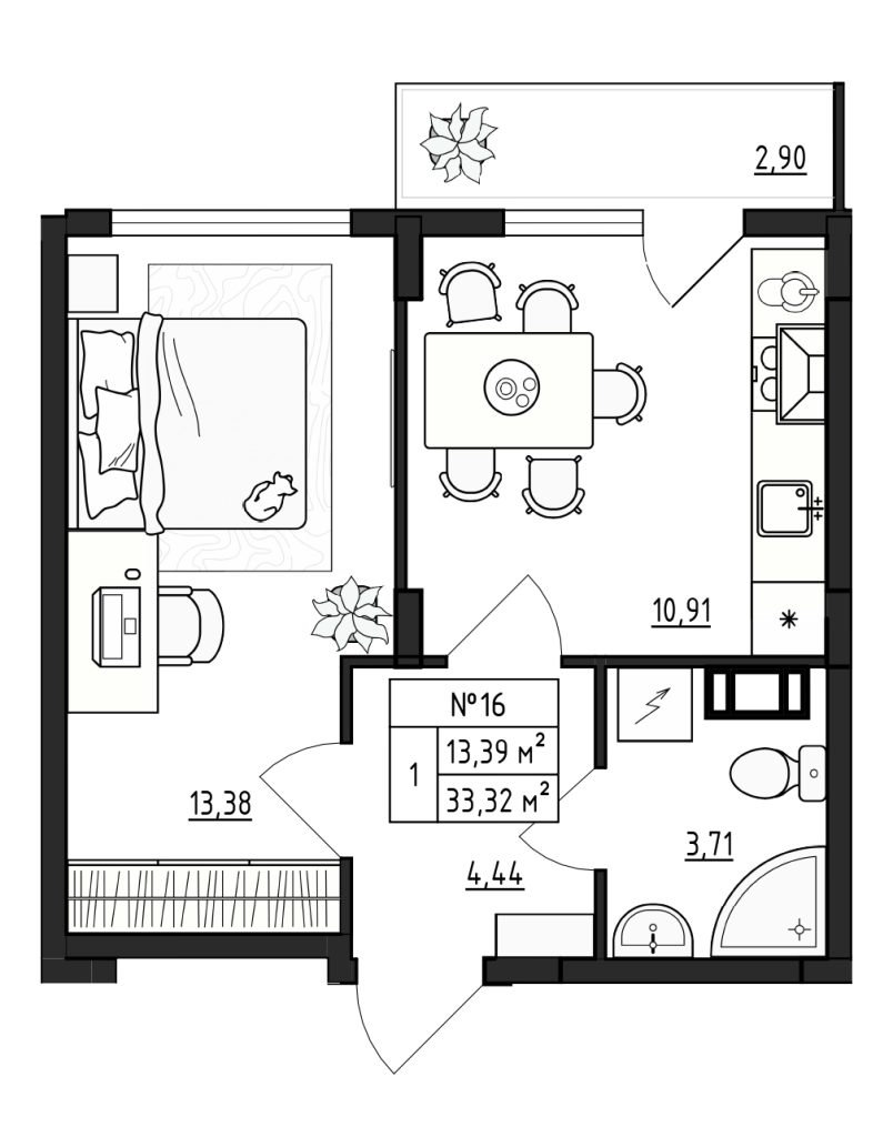 1-комнатная квартира, 33.32 м² в ЖК "Верево Сити" - планировка, фото №1