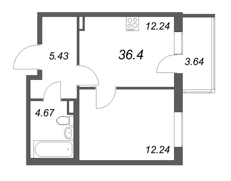 1-комнатная квартира, 36.4 м² в ЖК "Новая история" - планировка, фото №1