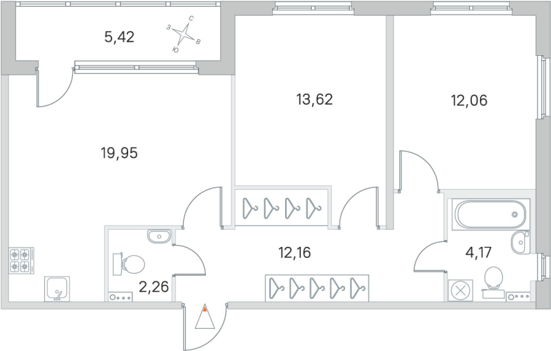 3-комнатная (Евро) квартира, 64.22 м² в ЖК "Любоград" - планировка, фото №1
