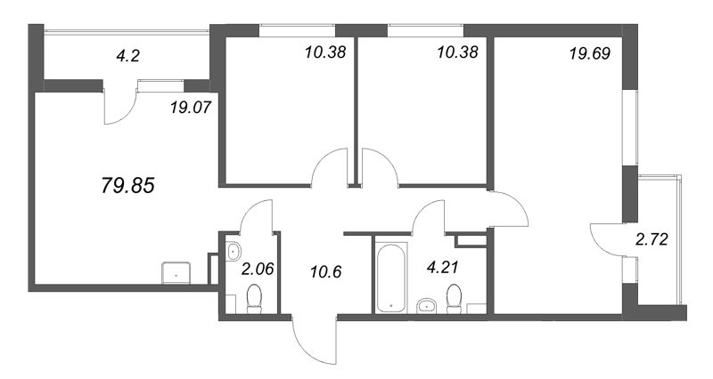 4-комнатная (Евро) квартира, 79.85 м² в ЖК "Расцветай в Янино" - планировка, фото №1
