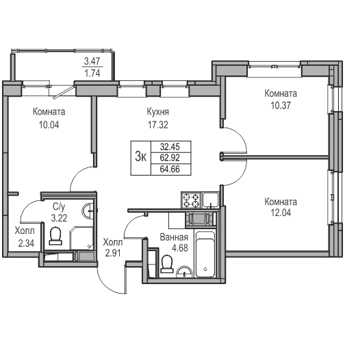 4-комнатная (Евро) квартира, 64.66 м² в ЖК "Юнтолово" - планировка, фото №1