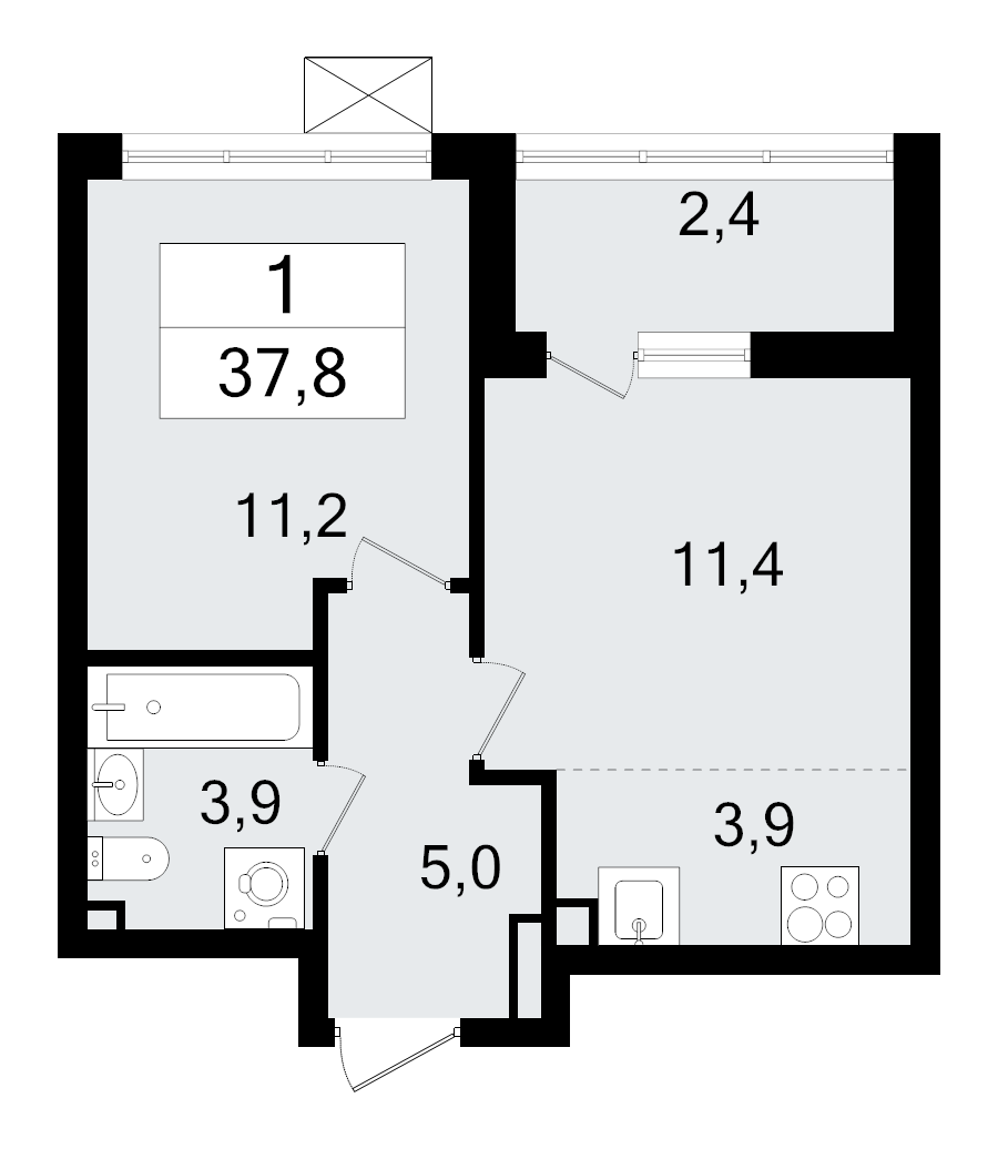 2-комнатная (Евро) квартира, 37.8 м² в ЖК "А101 Всеволожск" - планировка, фото №1