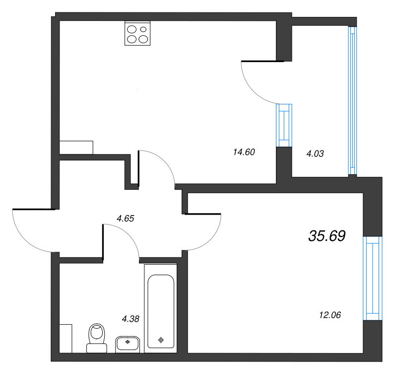 1-комнатная квартира, 35.69 м² в ЖК "ПАТИО. Уютный квартал" - планировка, фото №1