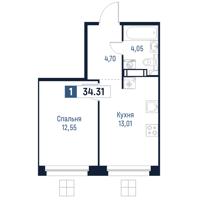 1-комнатная квартира, 34.31 м² в ЖК "Максималист" - планировка, фото №1
