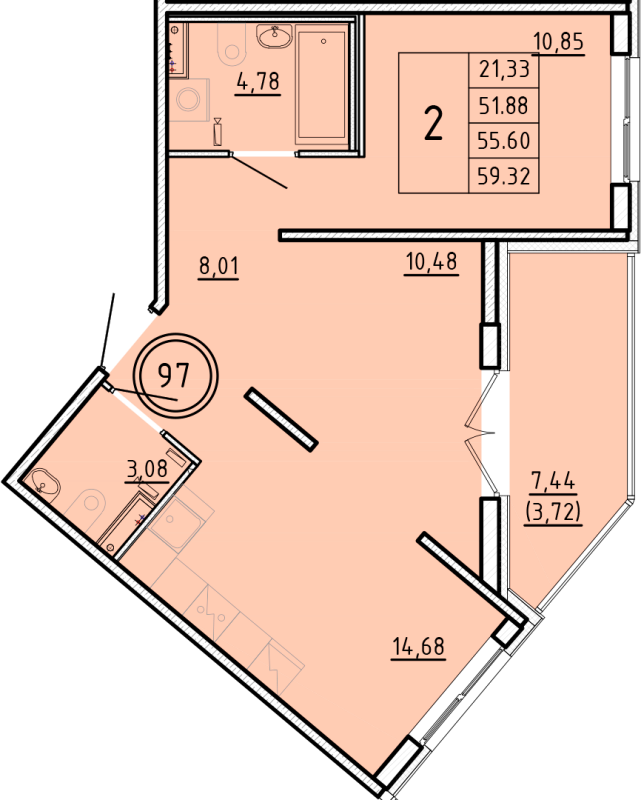 2-комнатная квартира, 51.88 м² в ЖК "Образцовый квартал 16" - планировка, фото №1