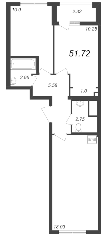 3-комнатная (Евро) квартира, 51.72 м² - планировка, фото №1