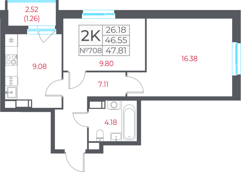 2-комнатная квартира, 47.81 м² в ЖК "Город-спутник Южный" - планировка, фото №1