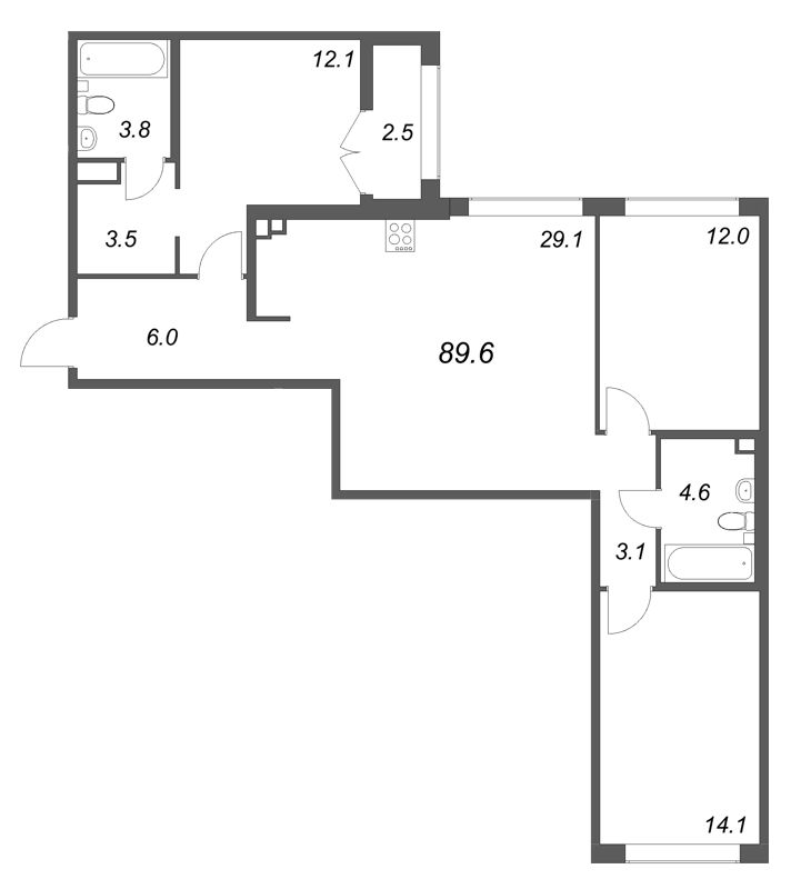 4-комнатная (Евро) квартира, 89.6 м² в ЖК "Кронунг ЮГ" - планировка, фото №1