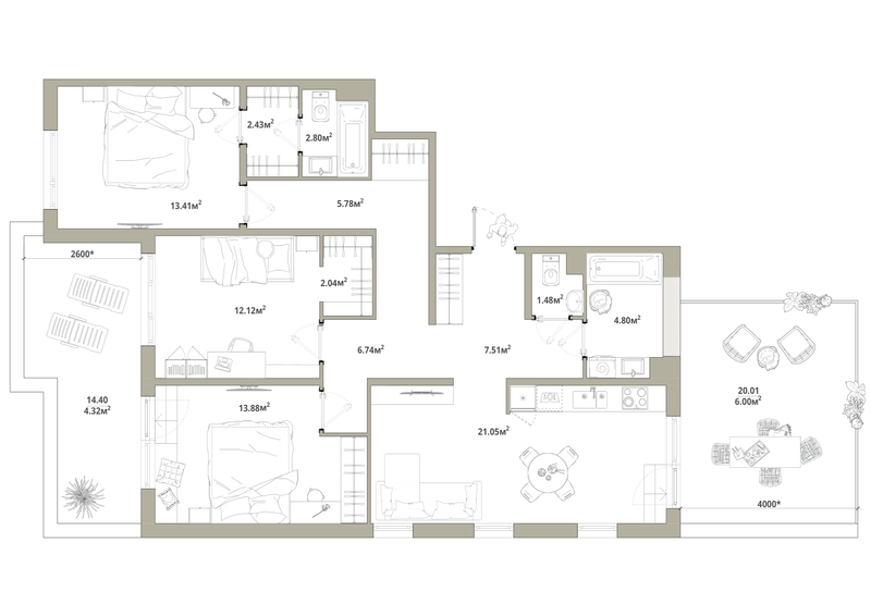 4-комнатная (Евро) квартира, 104.36 м² в ЖК "Тишин" - планировка, фото №1