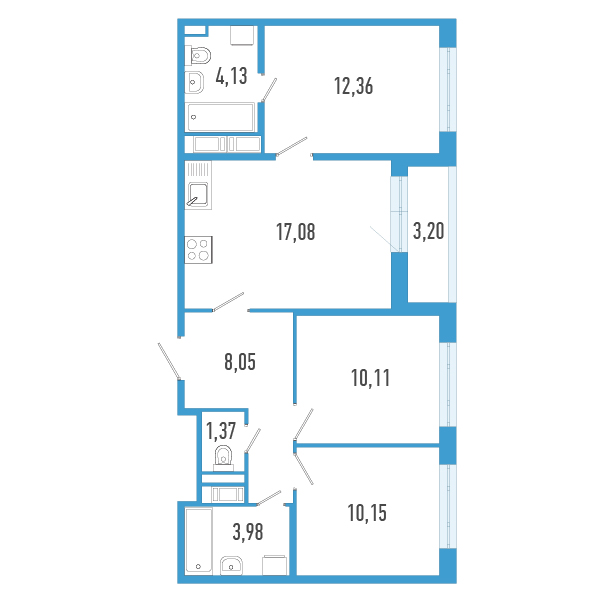 4-комнатная (Евро) квартира, 68.83 м² - планировка, фото №1