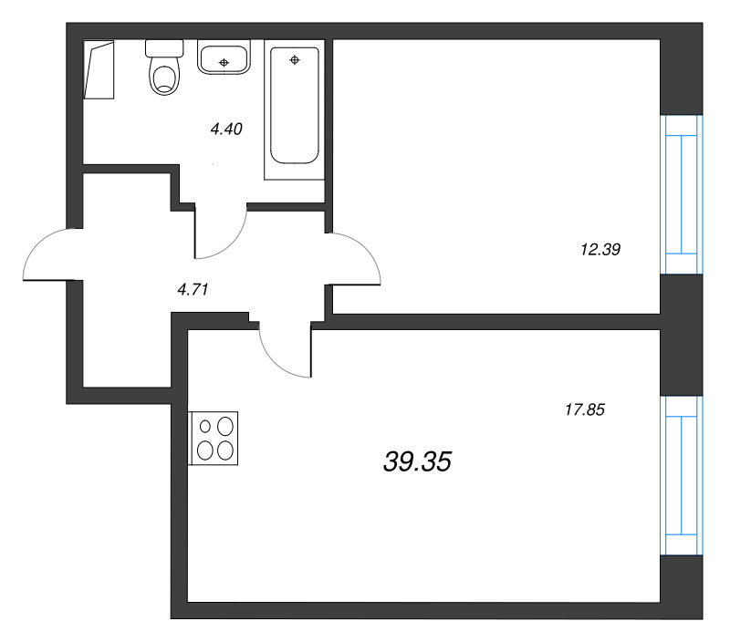 2-комнатная (Евро) квартира, 39.35 м² в ЖК "Остров Первых" - планировка, фото №1