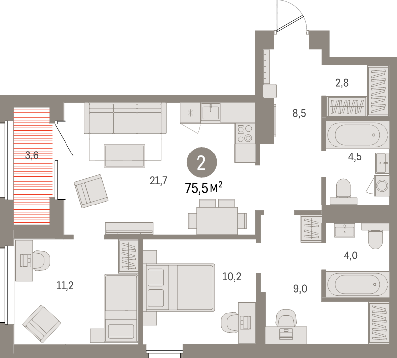 3-комнатная (Евро) квартира, 75.5 м² в ЖК "Северный ветер" - планировка, фото №1