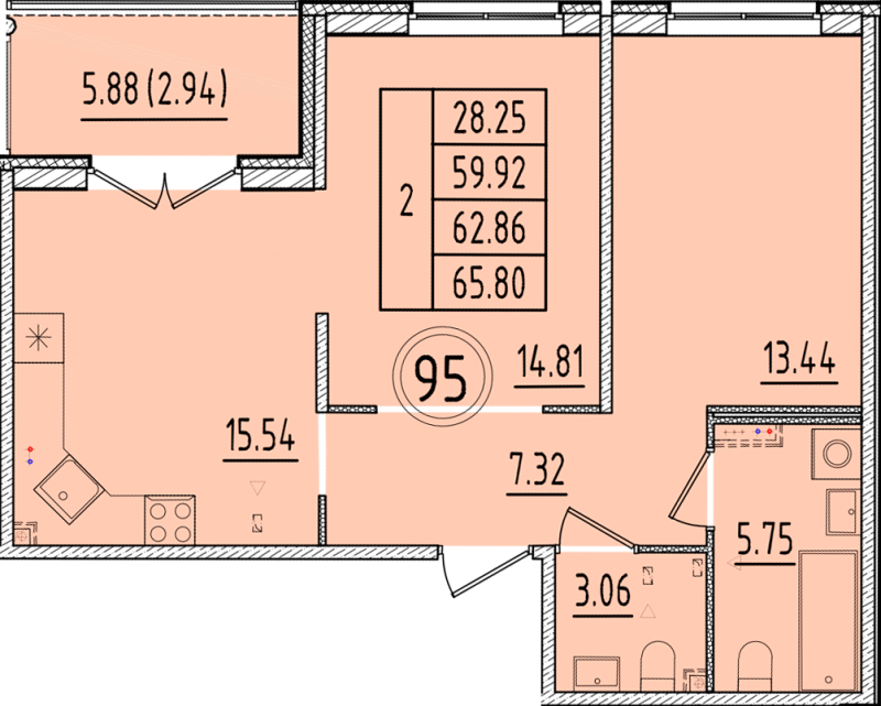 3-комнатная (Евро) квартира, 59.92 м² - планировка, фото №1