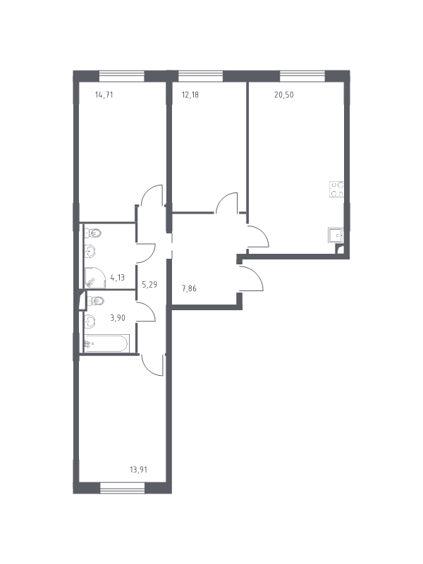 4-комнатная (Евро) квартира, 82.48 м² в ЖК "Квартал Лаголово" - планировка, фото №1