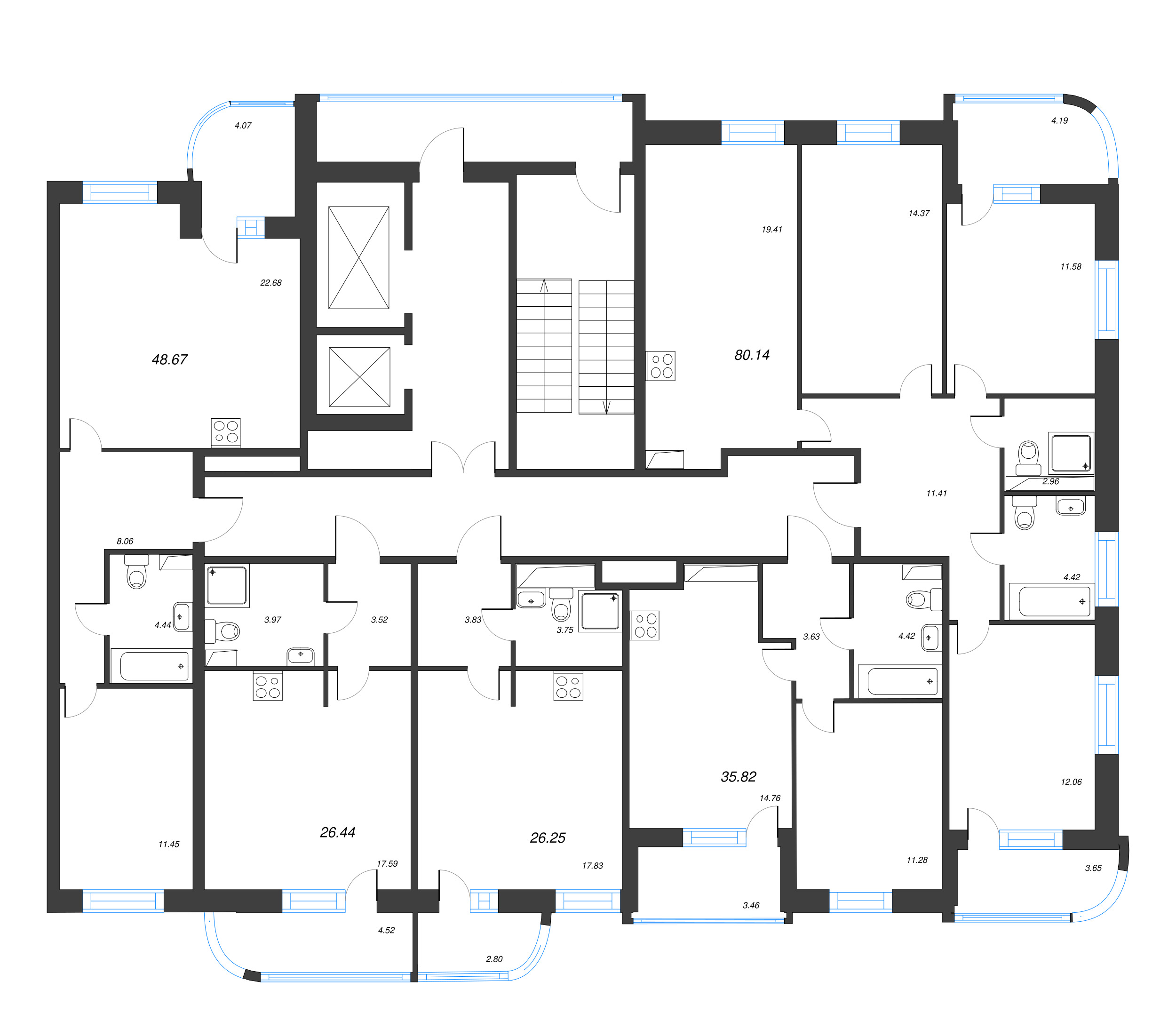 2-комнатная (Евро) квартира, 48.67 м² в ЖК "Энфилд" - планировка этажа