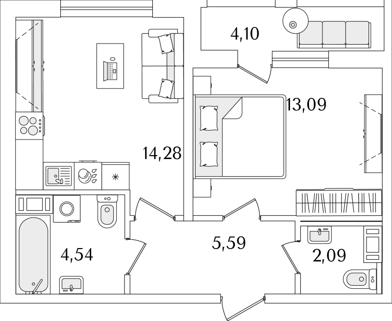 2-комнатная (Евро) квартира, 41.64 м² - планировка, фото №1