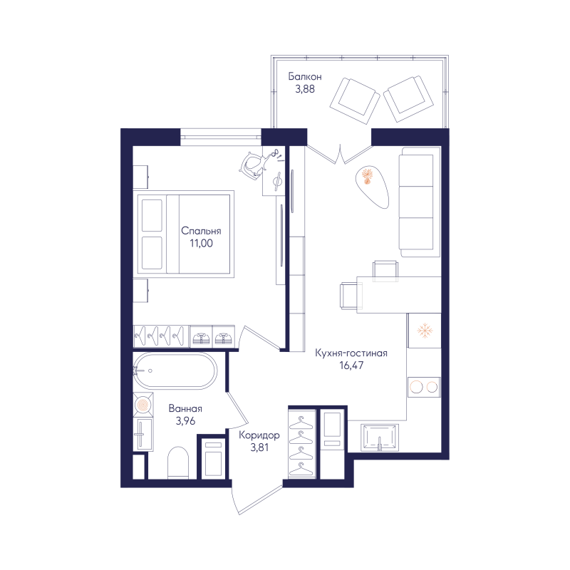 2-комнатная (Евро) квартира, 36.51 м² в ЖК "Кронунг Янино" - планировка, фото №1