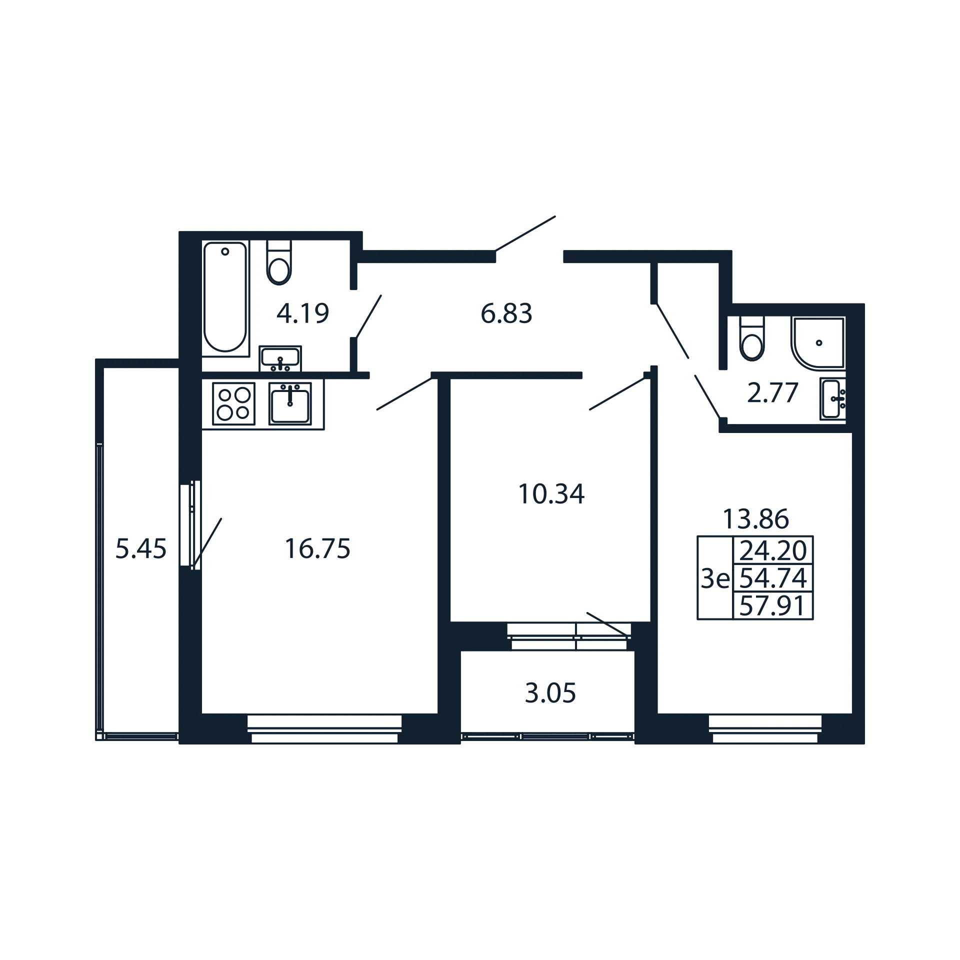 3-комнатная (Евро) квартира, 54.74 м² в ЖК "Полис Новоселье" - планировка, фото №1