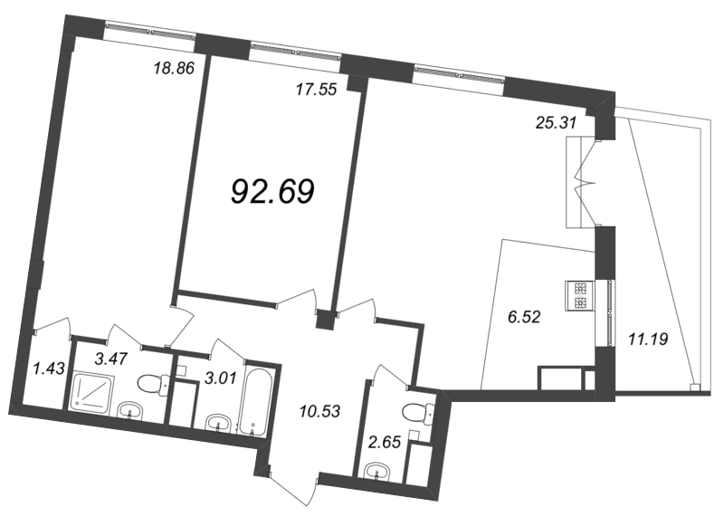 3-комнатная (Евро) квартира, 93.1 м² в ЖК "Neva Residence" - планировка, фото №1