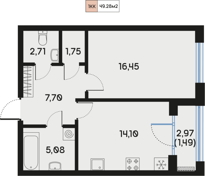 1-комнатная квартира, 49.28 м² - планировка, фото №1