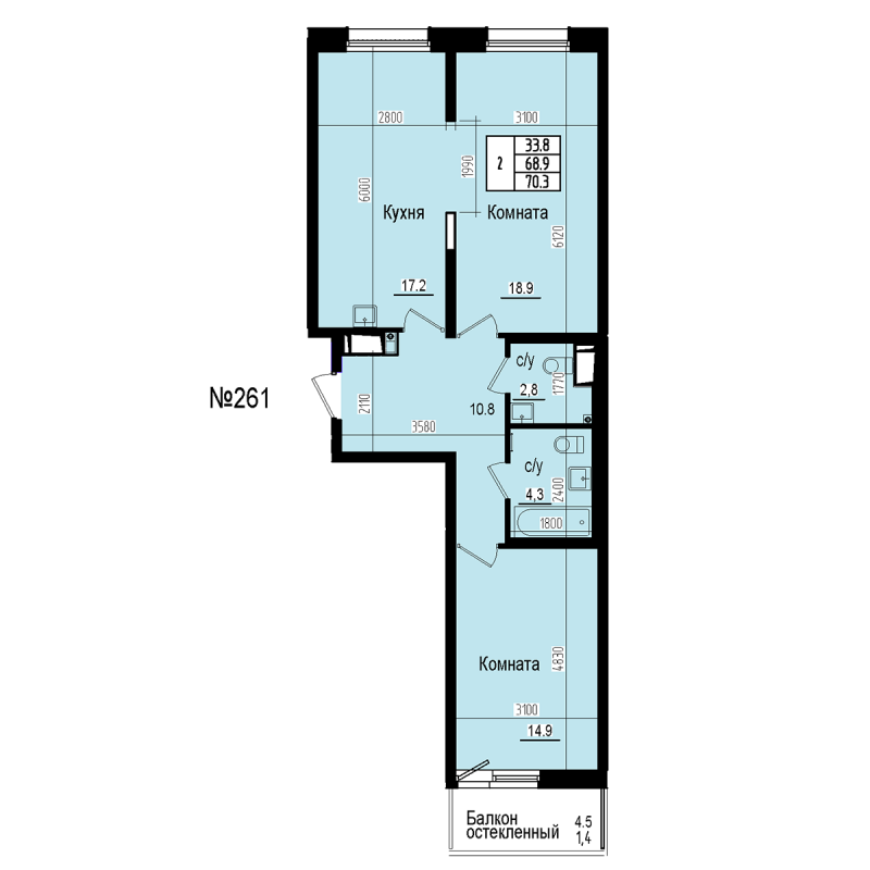 3-комнатная (Евро) квартира, 70.3 м² в ЖК "ПРАГМА СИТИ" - планировка, фото №1