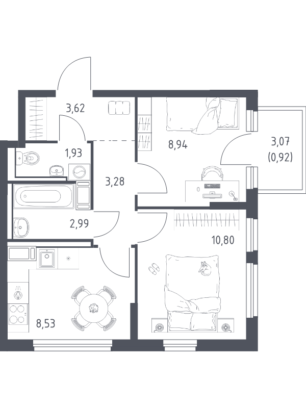 2-комнатная квартира, 44.9 м² в ЖК "Новое Колпино" - планировка, фото №1