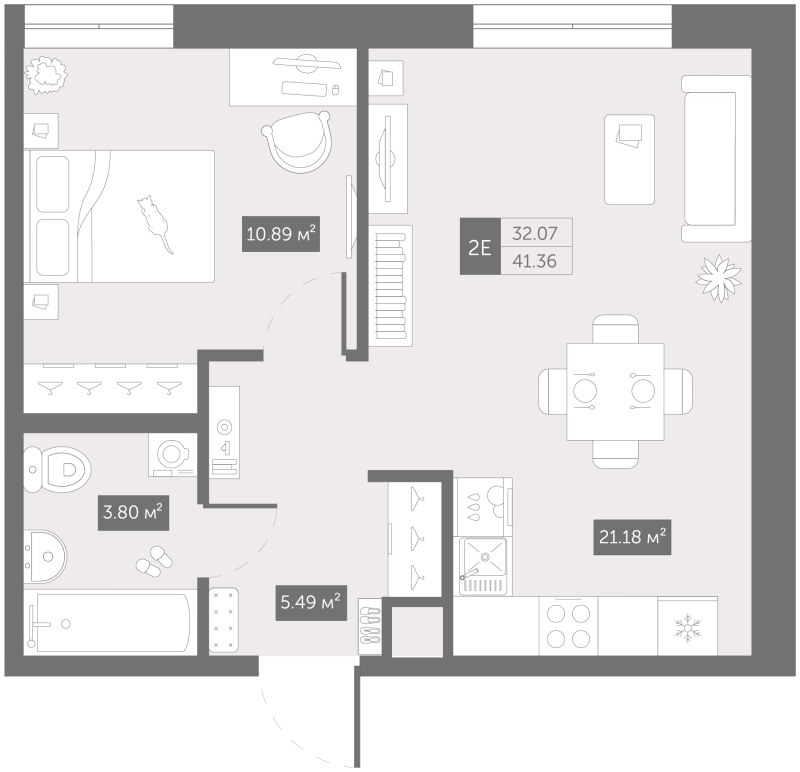 2-комнатная (Евро) квартира, 42.8 м² в ЖК "Зум Чёрная Речка" - планировка, фото №1