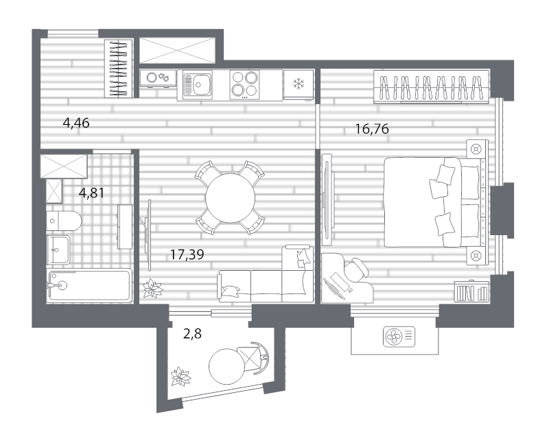 2-комнатная (Евро) квартира, 44.26 м² - планировка, фото №1