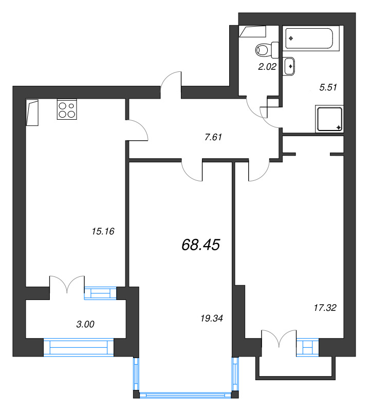 3-комнатная (Евро) квартира, 71.8 м² в ЖК "Наука" - планировка, фото №1