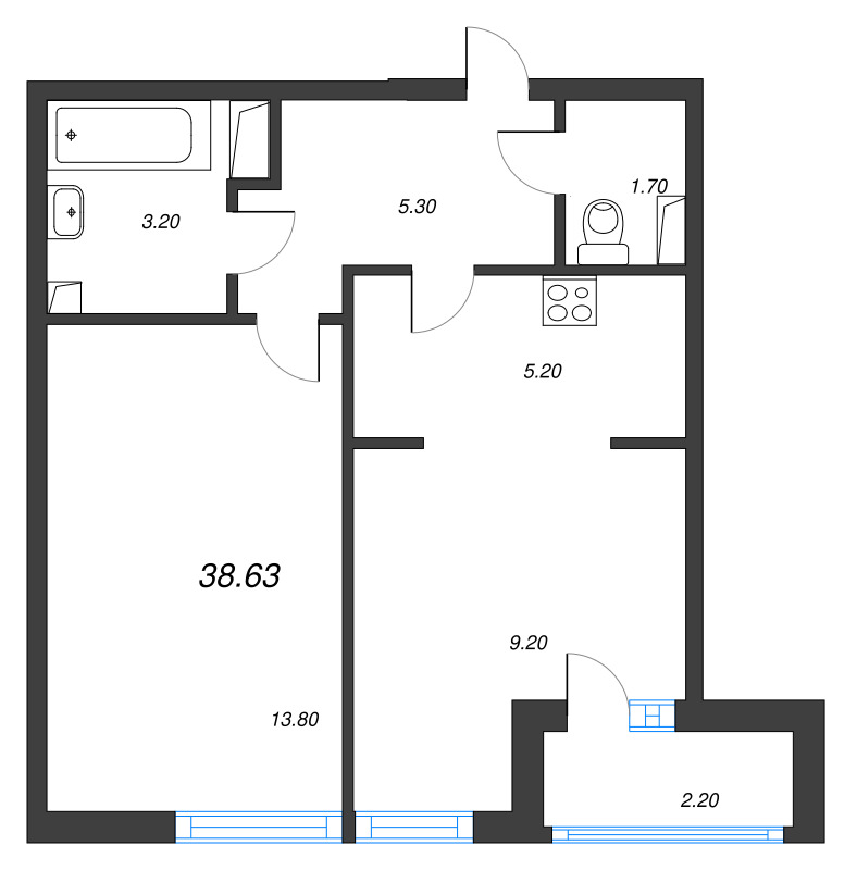 1-комнатная квартира, 39.3 м² - планировка, фото №1