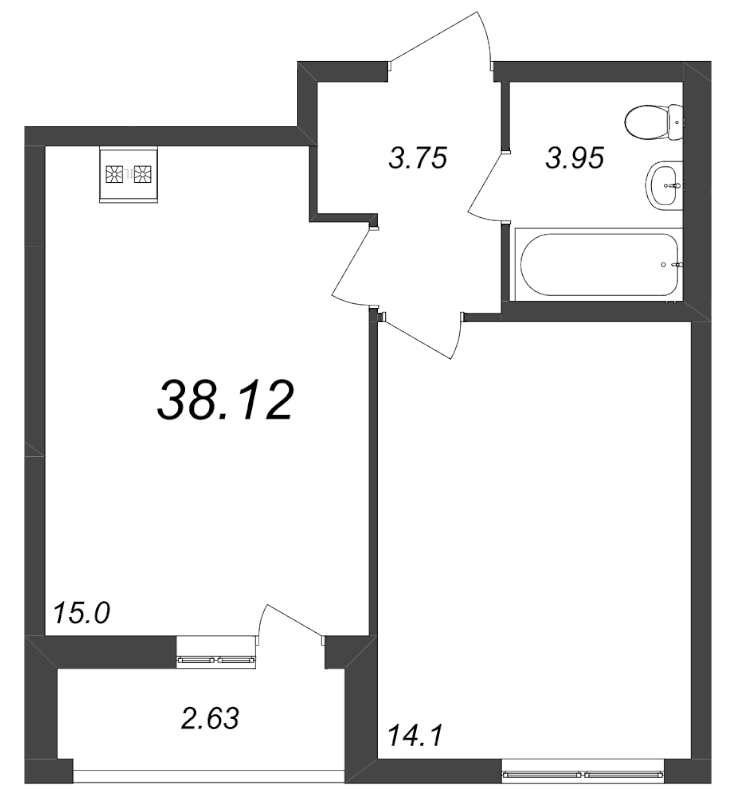 2-комнатная (Евро) квартира, 38.12 м² в ЖК "Морская набережная" - планировка, фото №1