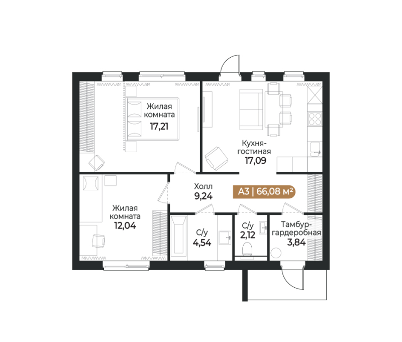 3-комнатная (Евро) квартира, 68.5 м² в ЖК "СветЛО" - планировка, фото №1
